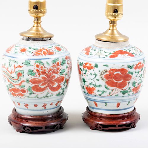 Pair of Chinese Porcelain Wucai Style Jars, Mounted as Lamps