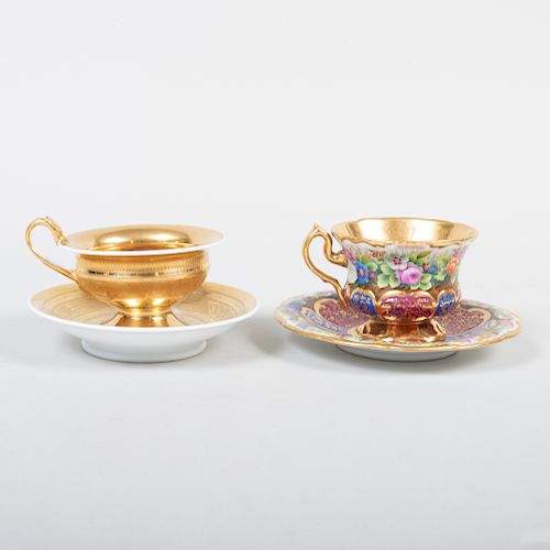 Two German Porcelain Gilt Decorated Cabinet Cups and Saucers