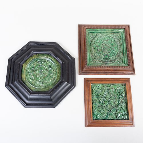 Three South German Green Glazed Earthenware Stove Tiles, in the Manner of Hans Villingen
