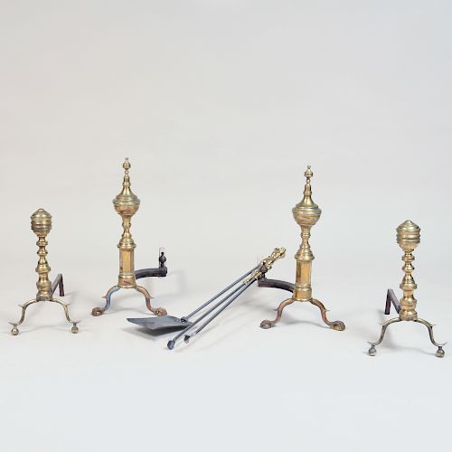 Pair of George III Style Brass Andirons and Fire Tool Set