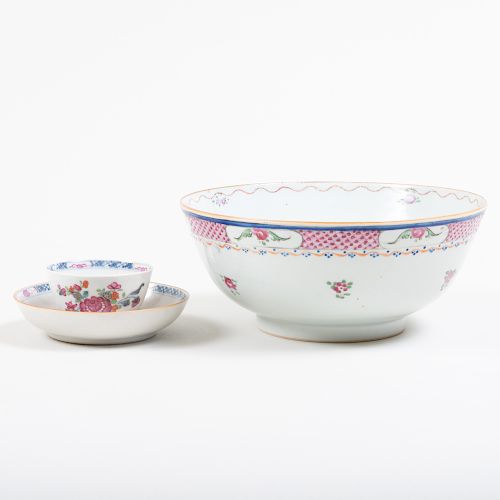 Chinese Export Porcelain Famille Rose Punch Bowl and a Teabowl and Saucer