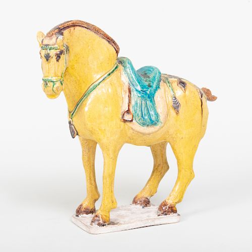 Chinese Tang Style Pottery Ocre, Turquoise and Brown Glazed Model of a Horse