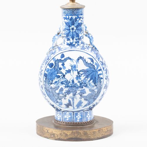 Chinese Porcelain Blue and White Moonflask Decorated with Phoenix, Mounted as a Lamp