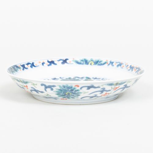 Chinese Blue and White and Enameled Dish Decorated with a Lotus Pattern