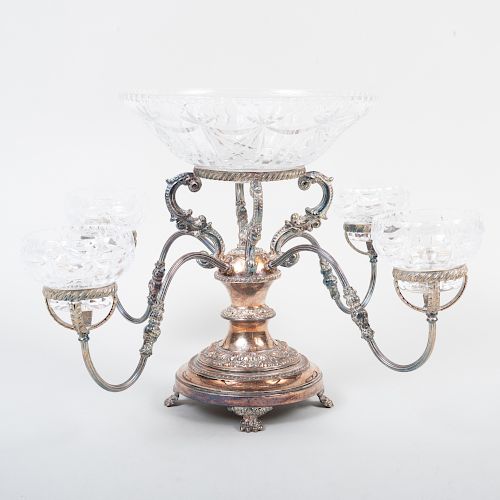 Rococo Silver Plate Epergne with Five Cut Glass Bowls