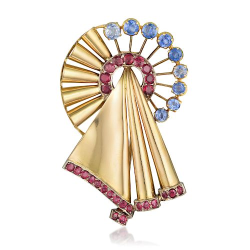 Retro Sapphire and Ruby Brooch
