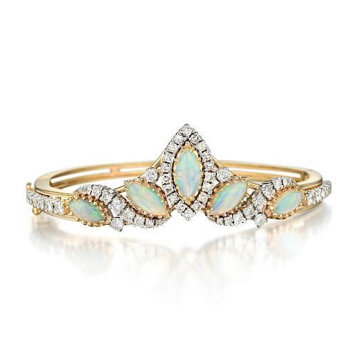 An Opal and Diamond Crown Bangle Bracelet
