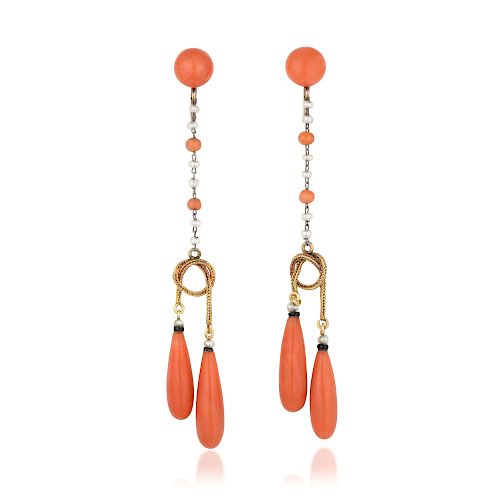 Antique Coral and Seed Pearl Drop Earrings