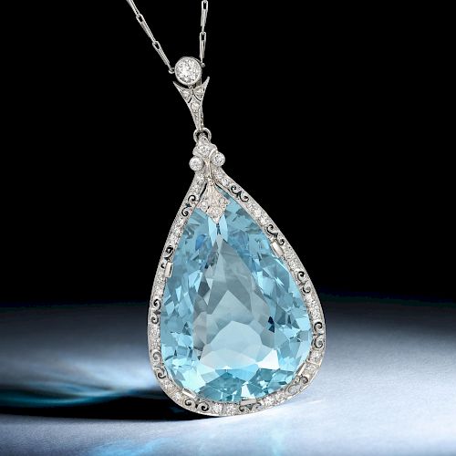 Antique Large Aquamarine and Diamond Pendant Necklace
