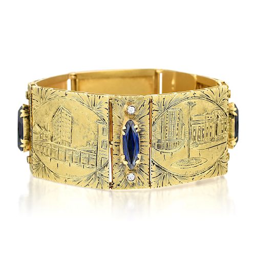 A Synthetic Sapphire and Diamond Gold Plaque Bracelet