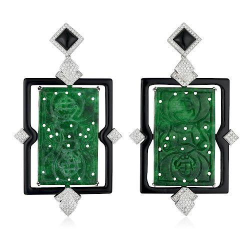 A Pair of Jade Onyx and Diamond Earrings