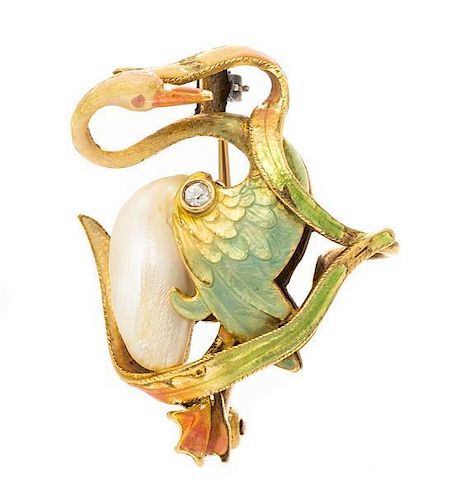 An Art Nouveau Yellow Gold, Pearl, Diamond and Polychrome Enamel Swan Brooch, 4.20 dwts.