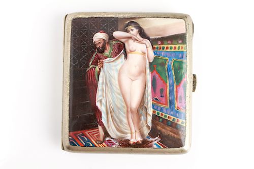 Silver Enamel Erotic Orientalist Nude Cig. Case