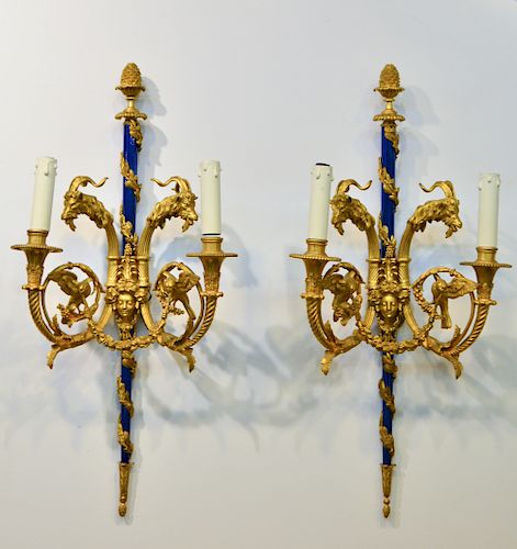Louis XVI Style Gilt Bronze Enamel 2-Light Sconces