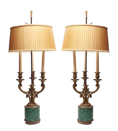 French Empire Style Bronze & Malachite Lamps, Pair