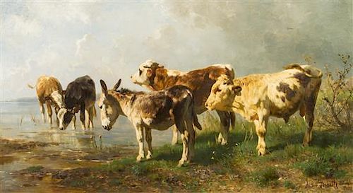 * Anton Braith, (German, 1836-1905), Cows and Donkey Watering in a Landscape, 1884