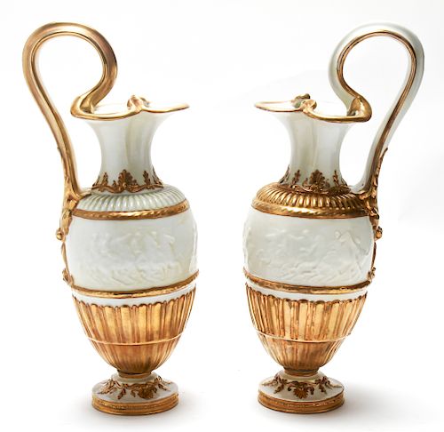 Capodimonte Italian Porcelain Gilt Trim Ewers Pair