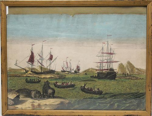 Hand-Colored Engraving, Sailors in Dinghies