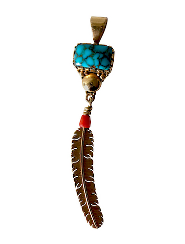 Boyd Tsosie 14 Karat Gold Turquoise Coral American Navajo Eagle Feather Pendant