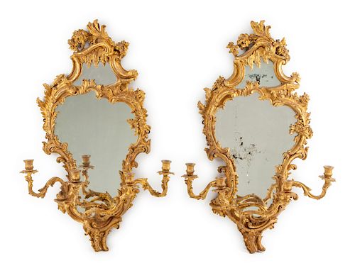 A Pair of Rococo Style Giltwood  Girandole Mirrors
