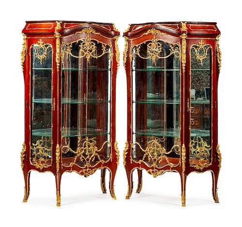 A Pair of Louis XV Style Gilt-Bronze-Mounted Kingwood and Tulipwood Vitrines