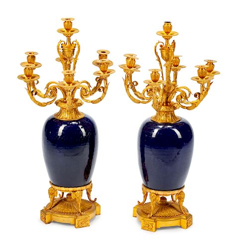 A Pair of Louis XV Style Gilt-Bronze-Mounted Porcelain Seven-Light Candelabra