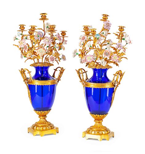 A Pair of Neoclassical Style Gilt-Bronze and Porcelain-Mounted Blue Glass Seven-Light Candelabra