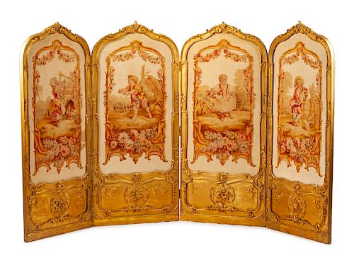 An Aubusson Tapestry-Upholstered Four-Panel Floor Screen