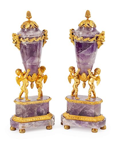 A Pair of Louis XVI Style Gilt-Bronze-Mounted Amethyst Urns and Covers