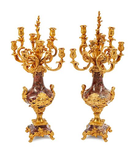 A Pair of Louis XVI Style Gilt-Bronze and Marble Seven-Light Candelabra