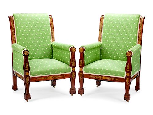 A Pair of Empire Style Bronze-Mounted Mahogany Armchairs