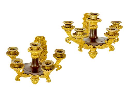 A Pair of Louis Philippe Parcel-Gilt and Patinated Bronze Six-Light Sconces