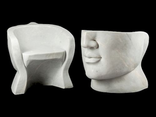 A Pair of Modernist Style Carved Marble Face-Form Chairs