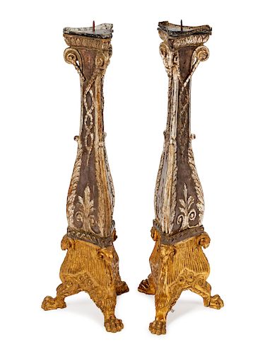 A Pair of Italian Parcel-Gilt and Silvered Wood Candlesticks
