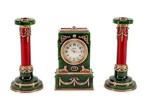 A Russian 14K Gold, Diamond, Ruby, Spinach Jade and Enamel Three-Piece Clock Set