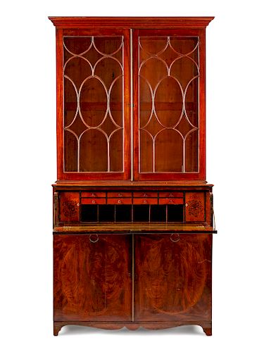 A Late George III Inlaid Mahogany Secretary Bookcase