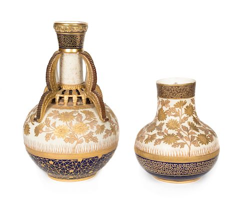 Two American Aesthetic Gilt-Decorated Earthenware Vases