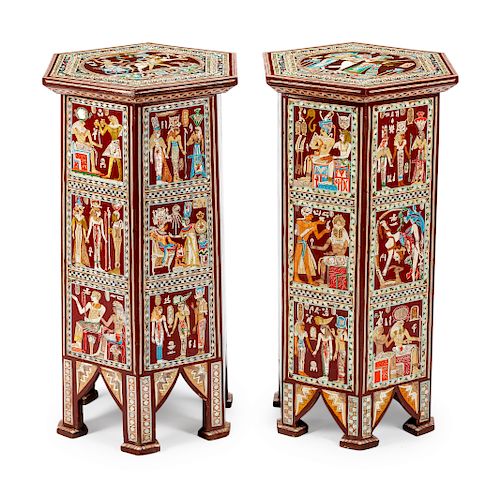 A Pair of Egyptian Revival Style Inlaid and Painted Hexagonal Occasional Tables