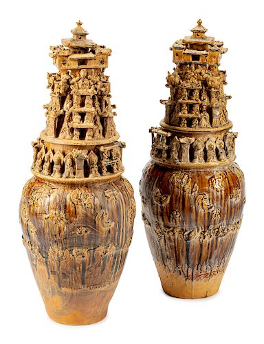A Pair of Monumental Chinese Glazed Pottery Funerary Urns