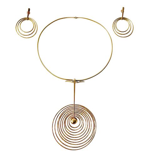 Bent Gabrielsen Gold Danish Modern Concentric Circle Necklace Earrings Set