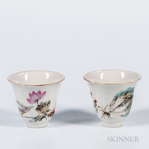 Pair of Enameled White Porcelain Cups
