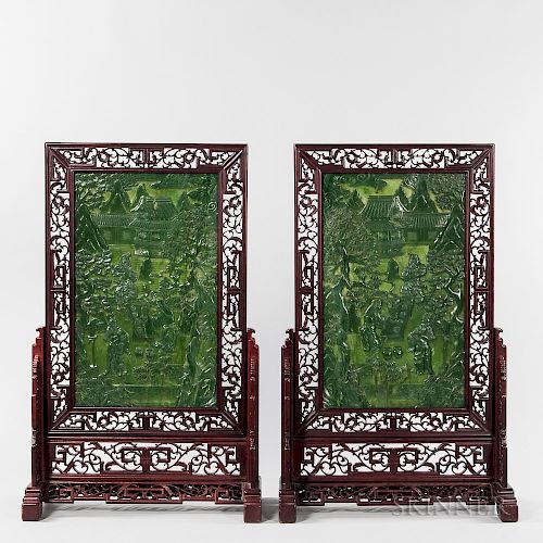 Pair of Table Screens with Carved Hardstone Plaques