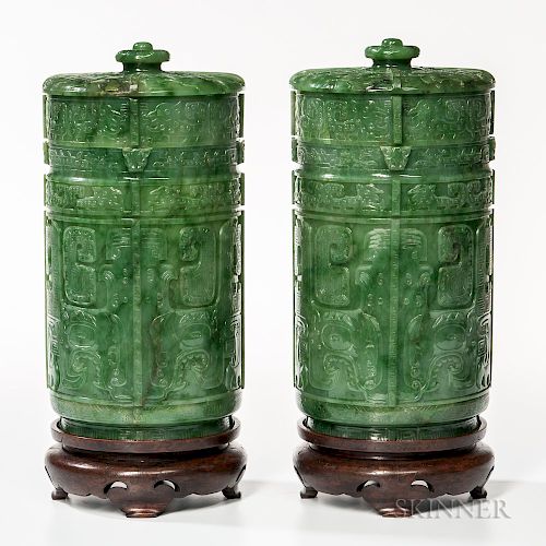 Pair of Spinach Green Covered Vessels