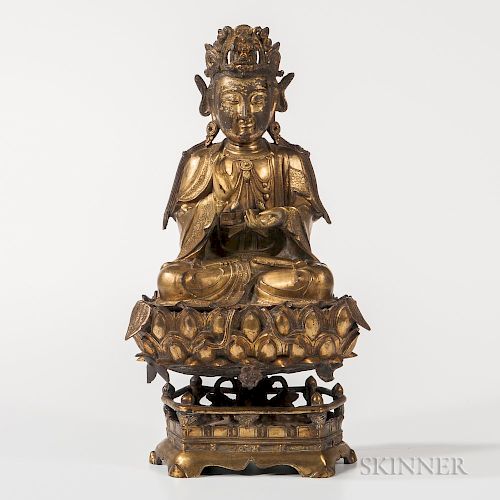 Cast Gilt-bronze Figure of Guanyin and Stand
