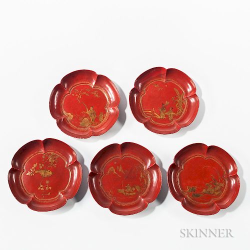 Set of Five Gilt and Red-lacquered Plates