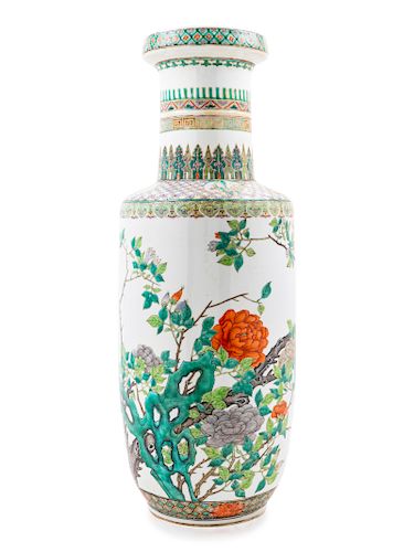 A Large Famille Verte Porcelain Rouleau Vase
Height 23 1/2 in., 60 cm. 