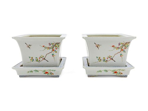 A Pair of Famille Rose Porcelain Square Flower Pots and Trays
Total: height 6 3/4 in., 17 cm. 