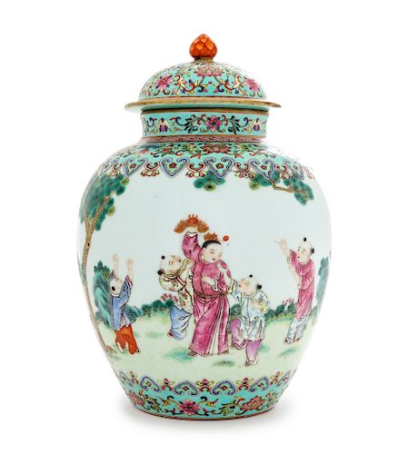 A Famille Rose Porcelain Covered Jar
Height 11 1/4 in., 29 cm. 