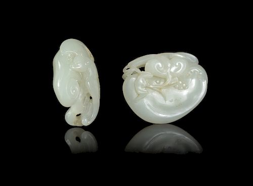 Two Pale Celadon Jade 'Lingzhi' Groups
Widest: 2 1/4 in., 6 cm. 