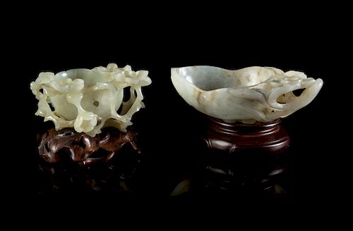 Two Pale Celadon Jade Handled Cups
Larger: width 4 7/8 in., 12 cm. 